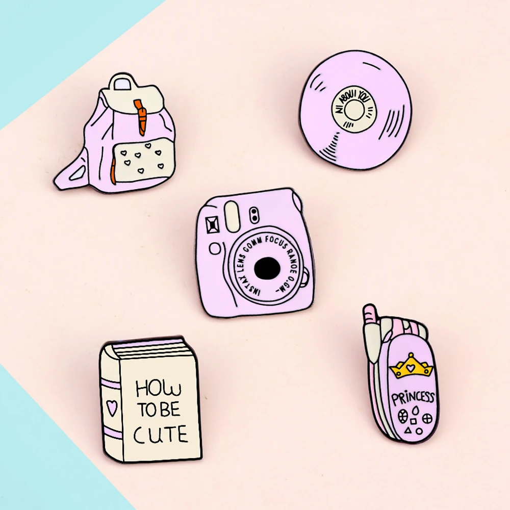 Sweet Cute Pink Enamel Pin Women Cartoon Camera Book Backpack CD Brooches Shirt Collar Lapel Badges Jewelry Gifts for Girl Kids
