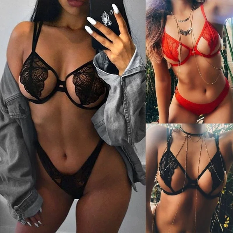 

Temptation Erotic Suit Lingere Set Cunt Panties Two Piece Set Women Porno Micro Bikini Open Cup Bra See-Through Lingerie Dress