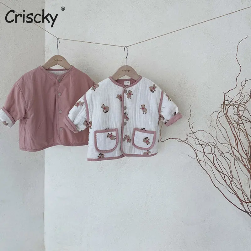 

Criscky Girls Winter Cotton Jacket Fashion Thick Keep Warm O Neck Coat Korean Style Child Long Sleeve Both Side Clothing