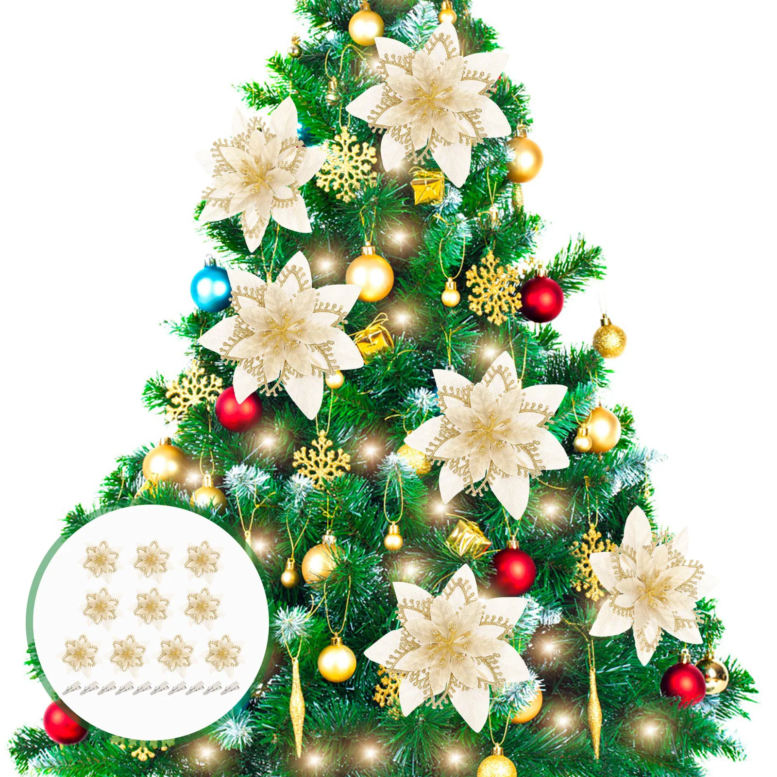 

Christmas Poinsettia Flowers Flower Treeglitter Artificial Decorations Decor Fake Poinsettias Ornamentred Faux Realistic