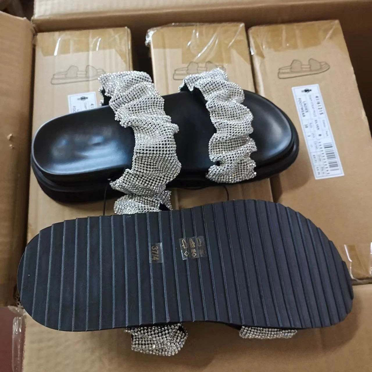 European and American 2023 new fashion casual Fashion pleated rhinestone women's platform slippers sandals