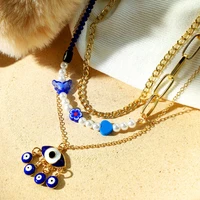 just feel multi layer evil eyes beads pendant necklace for women blue heart flower pearl beaded choker necklace fashion jewelry