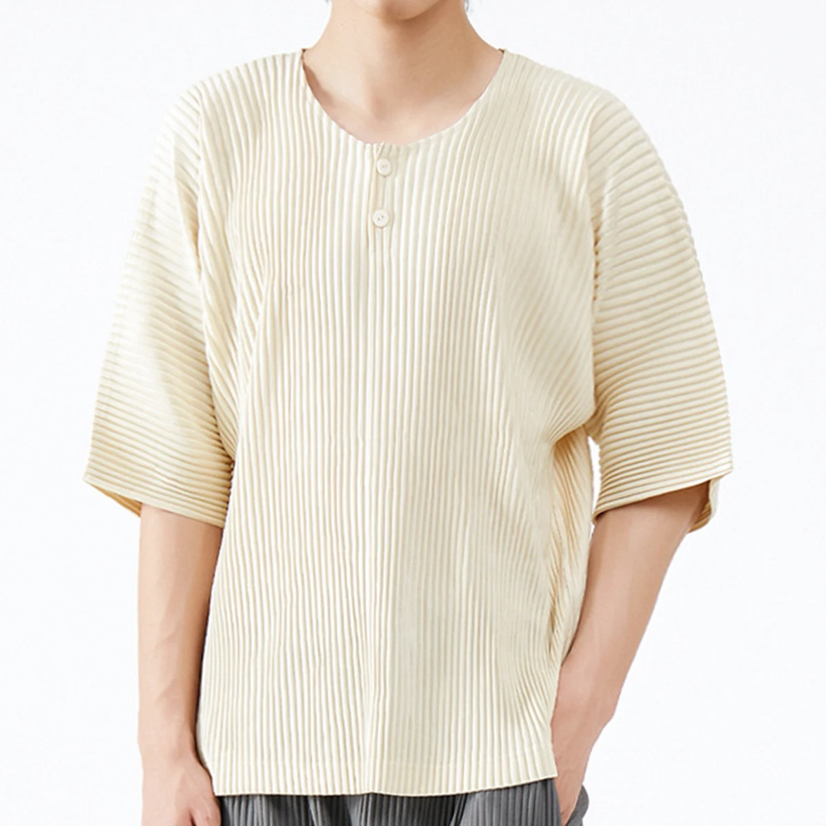

Mi Tempio 2022Spring/Summer Men's T-Shirt Solid Color Round Collar Pleats Men's ShortSleeve Shirt Loose and Casual