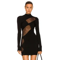 2022 summer new round neck black long sleeve geometric hollow perspective mesh sexy bandage knit dress high quality tight skirt
