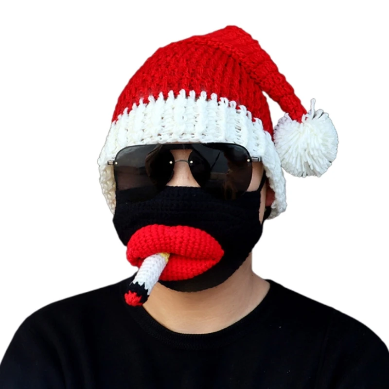 

Adult Kids Crochet Santa Hat with Cute Beard Mask Hat Traditional Red Plush Christmas Santa Hat for New Year Presents