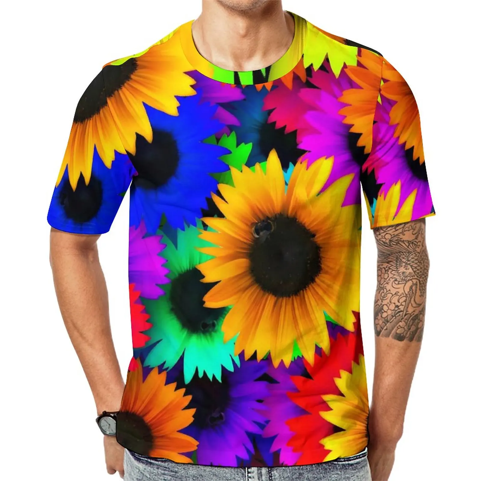 

Colorful Sunflower T Shirt Flowers Print Classic T-Shirts Crewneck Hippie Tee Shirt Premium Male Custom Top Tees Plus Size