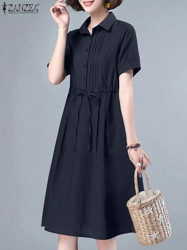 

ZANZEA 2023 Summer Vintage Lapel Neck Short Sleeve Shirt Dress Women Casual Pleated Party Vestido Robe Femme Solid Midi Sundress