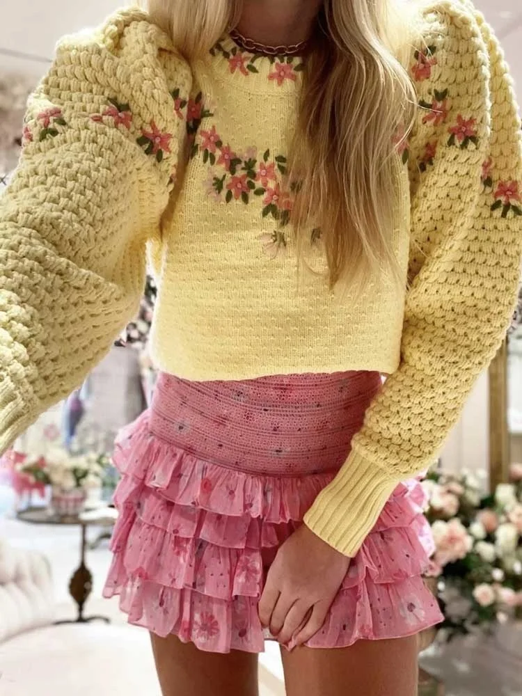 

BOHO INSPIRED embroidered floral pullover sweater yellow long sleeve cropped sweater women new autumn winter women tops jersey
