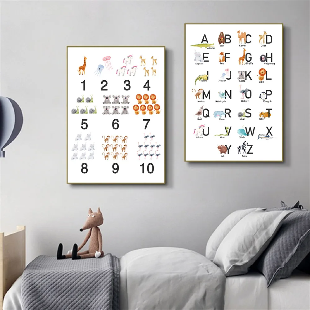 

Animal Illustration Alphabet Canvas Art Posters Nursery Print Child Enlightenment Painting Nordic Wall Pictures Kids Room Decor