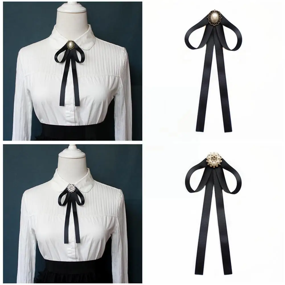 

Женская блузка с бантом, черный галстук-бабочка с жемчужинами и черной лентой, универсальная одежда, элегантные аксессуары, темпераментный ...