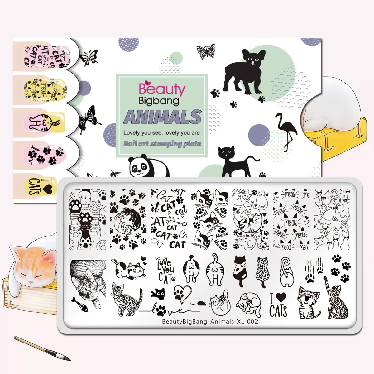 

BeautyBigBang 2022 Nail Stamping Plates Cute Cat Animals Stainless Steel Stencil Mold Nail Art Templates Animals XL-002 6x12cm