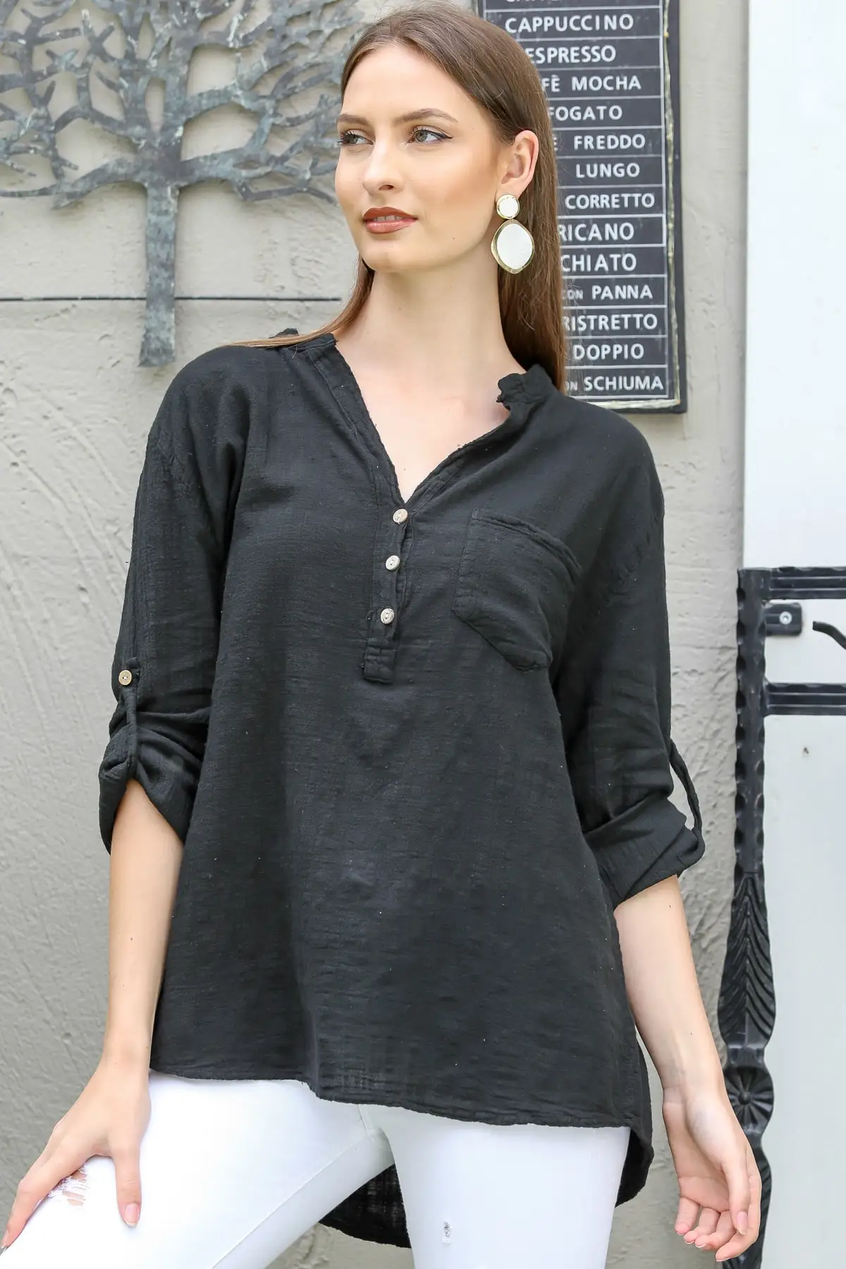 

Detailed Pata Black Woman Button Adjustable Handles Woven Shirt Pocket Women Blouse 2021