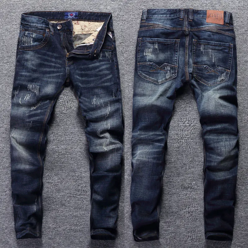 Jeans Retro Dark Blue Elastic Slim Fit Ripped Jeans Men Stre
