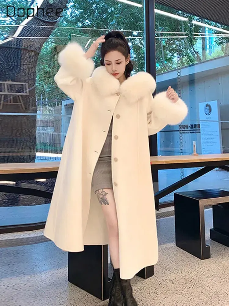 

Cardigan White Long Woolen Jackets for Women 2022 New Autumn and Winter Loose Hooded Large Fur Collar Mid-Length Woolen Overcoat