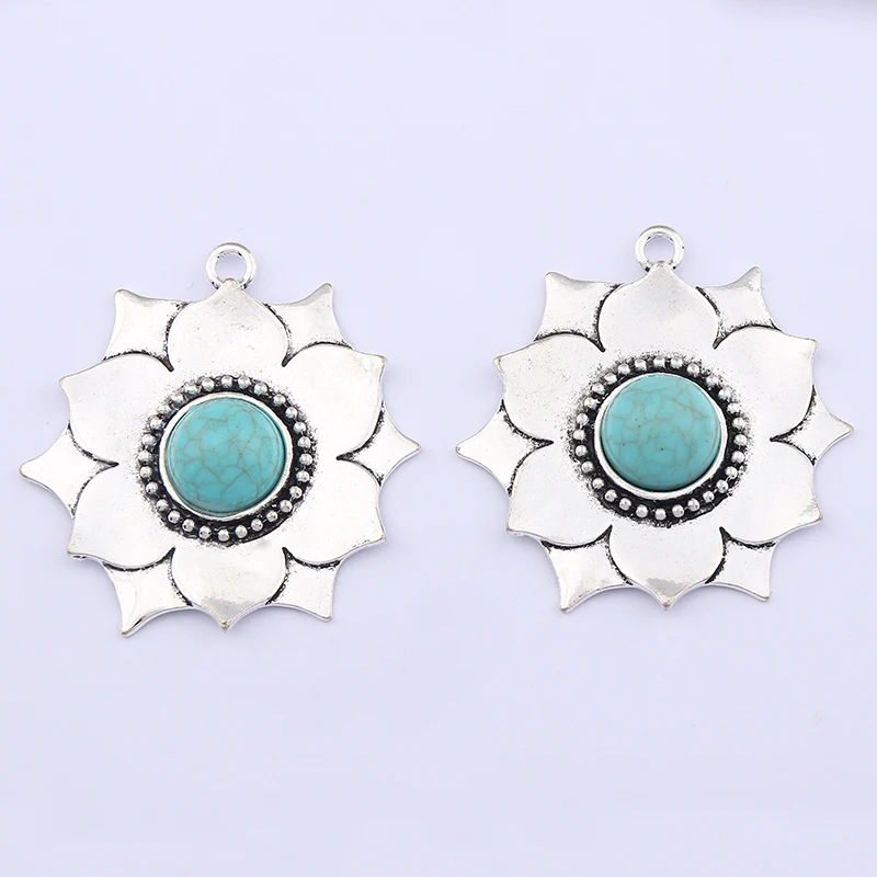 

3Pcs Tibetan Silver Imitation Turquoise Stone Flower Charms Pendants For DIY Necklace Jewelry Making Findings Accessories