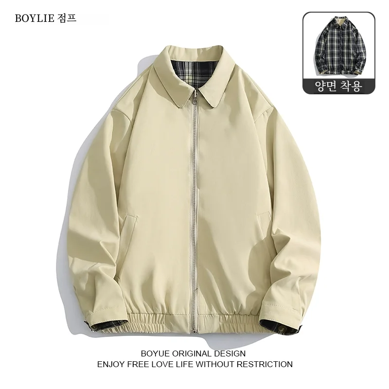 Boyue Jump Young Sle Double-Sided Wear Plaid Lapel Jacket American vintage Solid Cargo Outerwear Men |