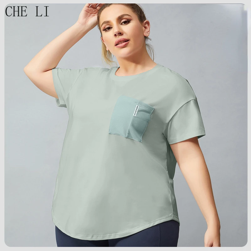 2022 New Solid Color Plus Size Women's Sports T-shirt Fitness Stitching Yoga Pullover Short-sleeved Sweat-absorbing Yoga Clothes