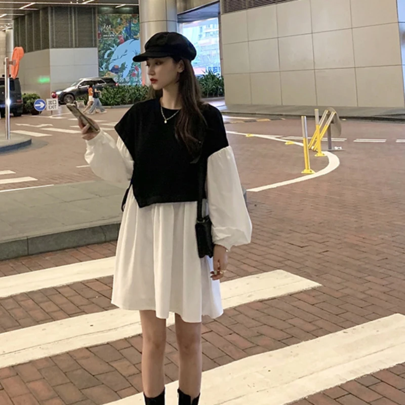 

AIIOU Women Slim Dress French Stitching Fake 2 Pieces Puff Sleeve Dress 2022 Fashionable New Elegant Slimming Princess Dress