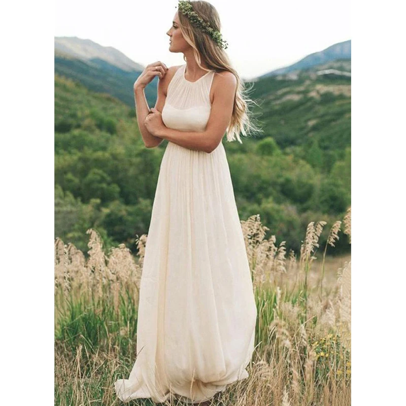 

2023 New Beige Women's Wedding Dress, Bride, Floor Skirt Ccoop Neck Sexy Back Sleeveless Chiffon Material Suitable For Summer