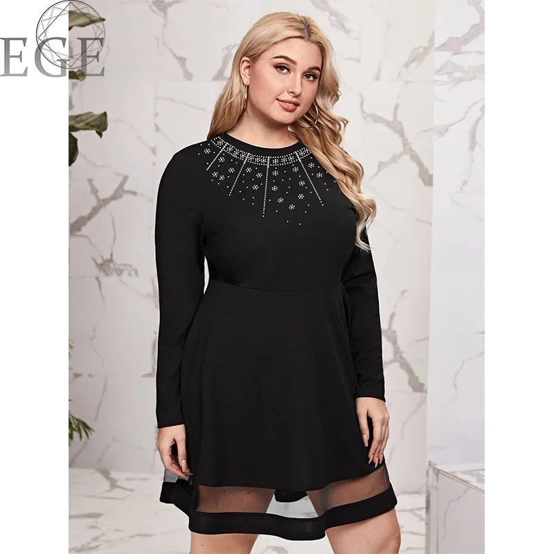 Plus Size Round Neck Black Dress Shiny Mesh Gorgeous Noble Plus Size Long Sleeve Loose 4xl 5xl 6xl Dresses