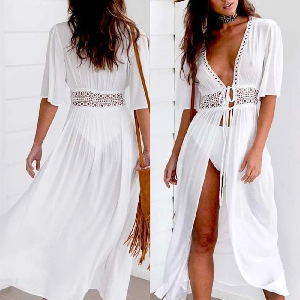 

Bikini Lace Cover ups Stitching Laced Long Shawl Cardigan Mid-Length Chiffon Women's Bikini Cardigan V-Neck Jacket NOV99