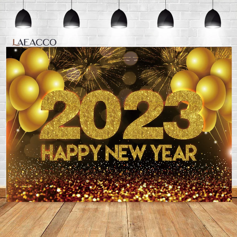 

Laeacco 2023 Happy New Year Backdrop Gold Glitters Balloons Gorgeous Fireworks Star Family Party Portrait Photography Background