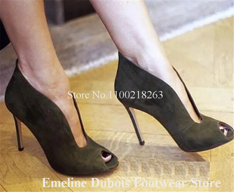 Shallow Short Boots Emeline Dubois Brand Peep Toe Silver V-cut Stiletto Heel Ankle Booties Slip-on High Heels Big Size Heels