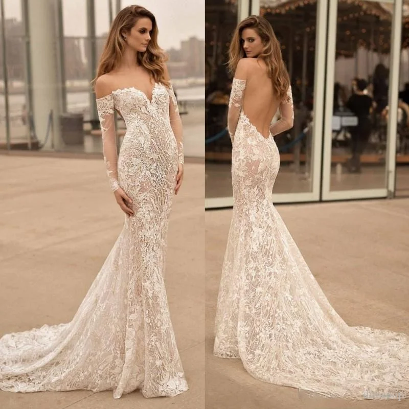 

Berta Wedding Dresses Sweetheart Neck Long Sleeves Backless Bridal Gowns Sweep Train Lace Appliqued Mermaid Country