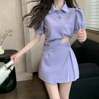 summer womens korean style two piece set vintage casual buckle short polo collar top t shirt high waist skirt suit 2 pieces