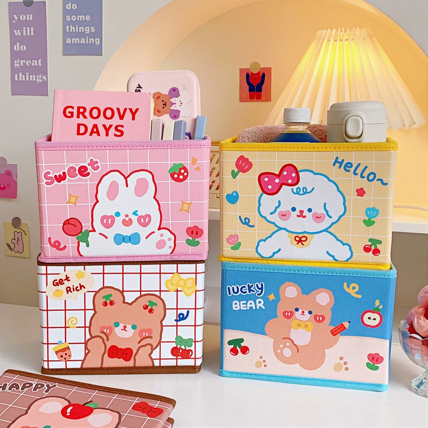 

Fold Stationery Storage Box Cute Cartoon Bunny Bear Book Holder Waterproof PU Fabric High Capacity Organizer Student Supplier