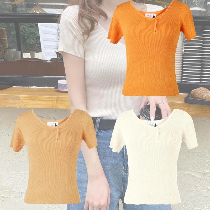 

H9ED Sexy Knitted T-shirt Fashion V Neck Button Tee Shirt Basic Short Sleeve Crop Top Summer Jumper Tops Gift for Women Girls