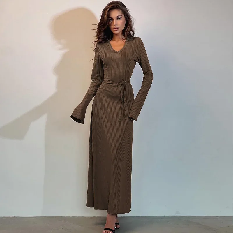 

Fall/Winter Maxi Dress for Women V-neck Lace-up Long Sleeve Knitting Dress Ladies Basic Outfits Women Clothing Vestido de Fiesta