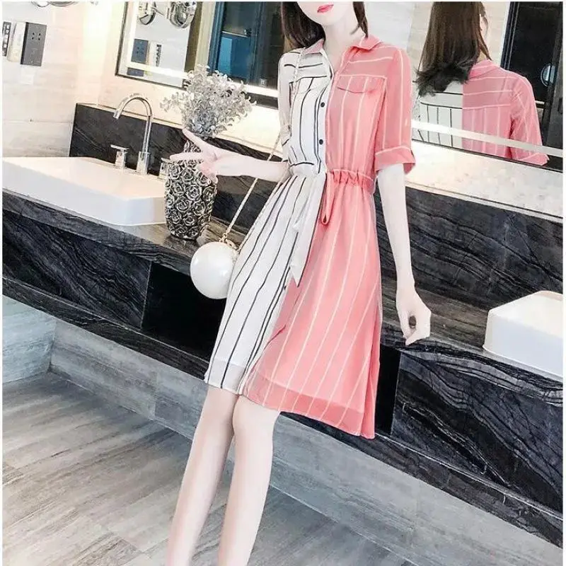 

Women New Korean Asymmetrical Elegant Patchwork Dress Belt Fashion Solid Color All-match V-neck Young Style Simplicity Clothing