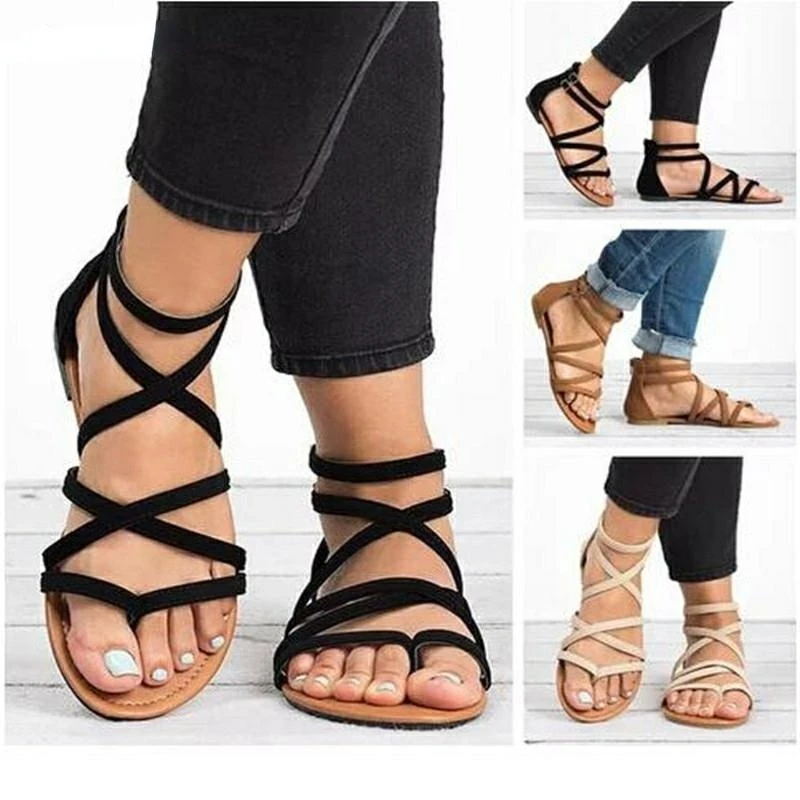 

Summer Flip Flops Gladiator Sandals Shoes Beach Cross Sandals Woman Slip on Flats Casual Women Black Brown Shoes Plus Size 34-43