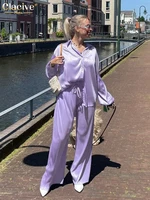 clacive casual long sleeve blouses 2 piece sets womens outfits fashion purple pleated pants set streetwear wide trouser suits