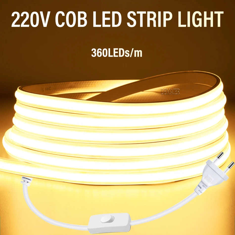 COB LED Strip Light 360leds/M 220V EU Plug RA 90 High Brightness 3000K 4000K 6000K Flexible LED Tape For Bedroom Kitchen Waterpr