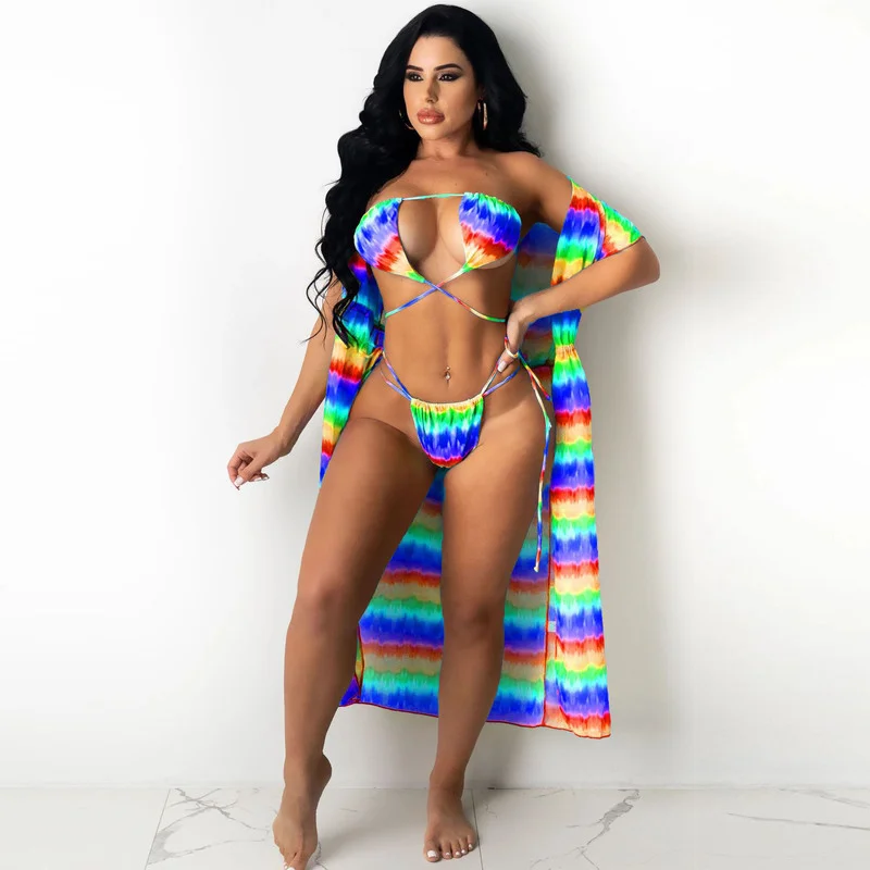 

WUHE Fashion Rainbow Colorful Striped Print Bikini Suit 3 Piece Set Bra and Short Sleeve Cover Outwear Sexy Beach Swimwear