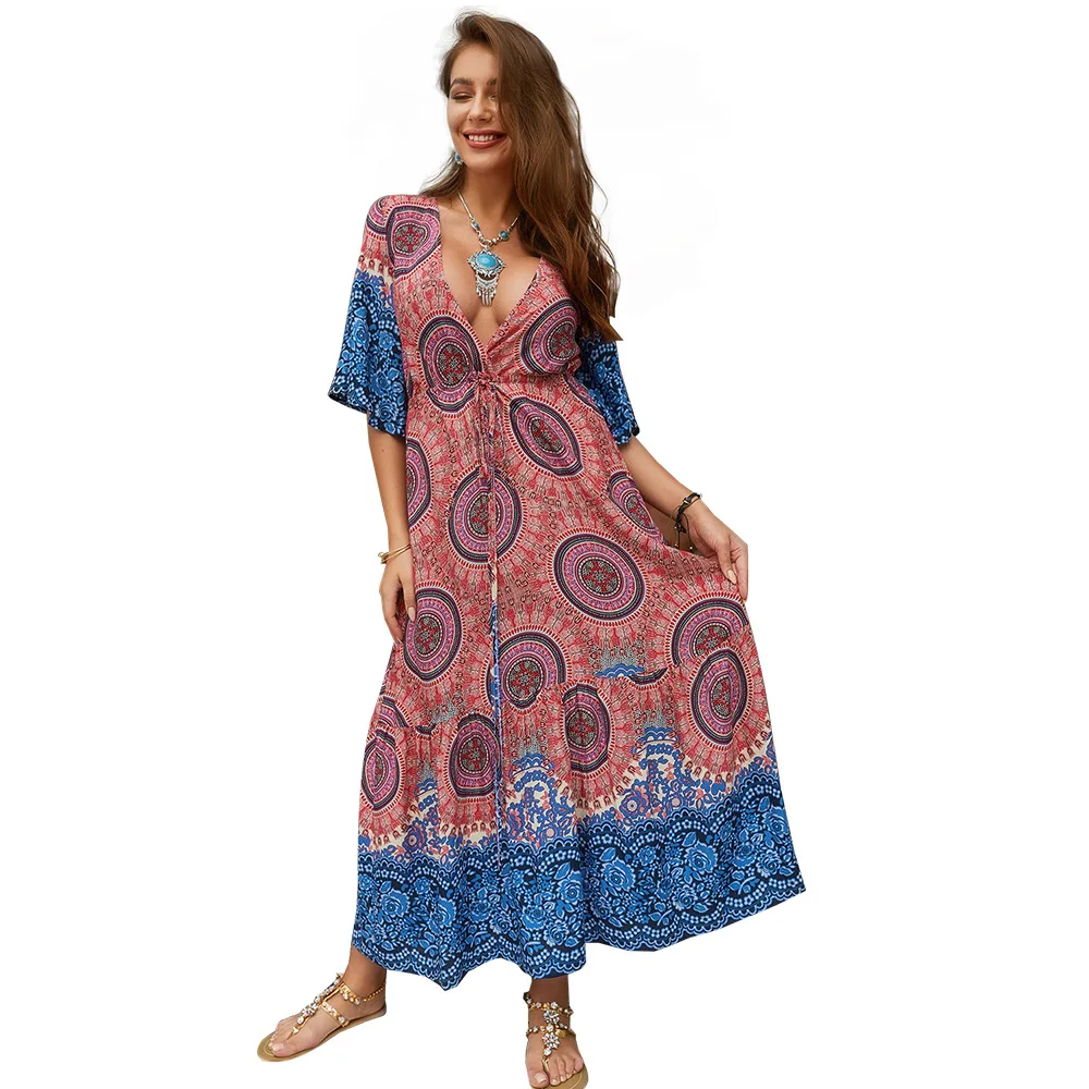 

Summer Bohemian Style Woman Dress Short Sleeve Vestido Feminino Printed Holiday Woman Dress