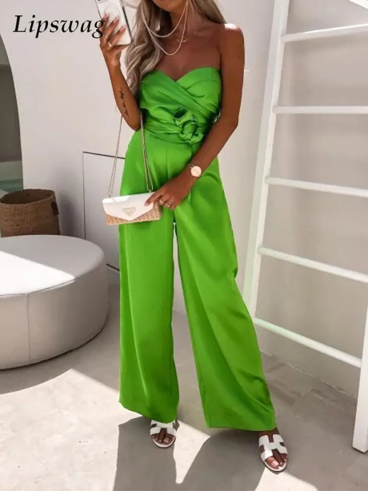 

2022 Women Lace Up Tops + Wide Leg Trousers 2 Piece Set Summer Sexy Wrap Chest Off Shoulder Suit Casual Solid Beach Holiday Suit