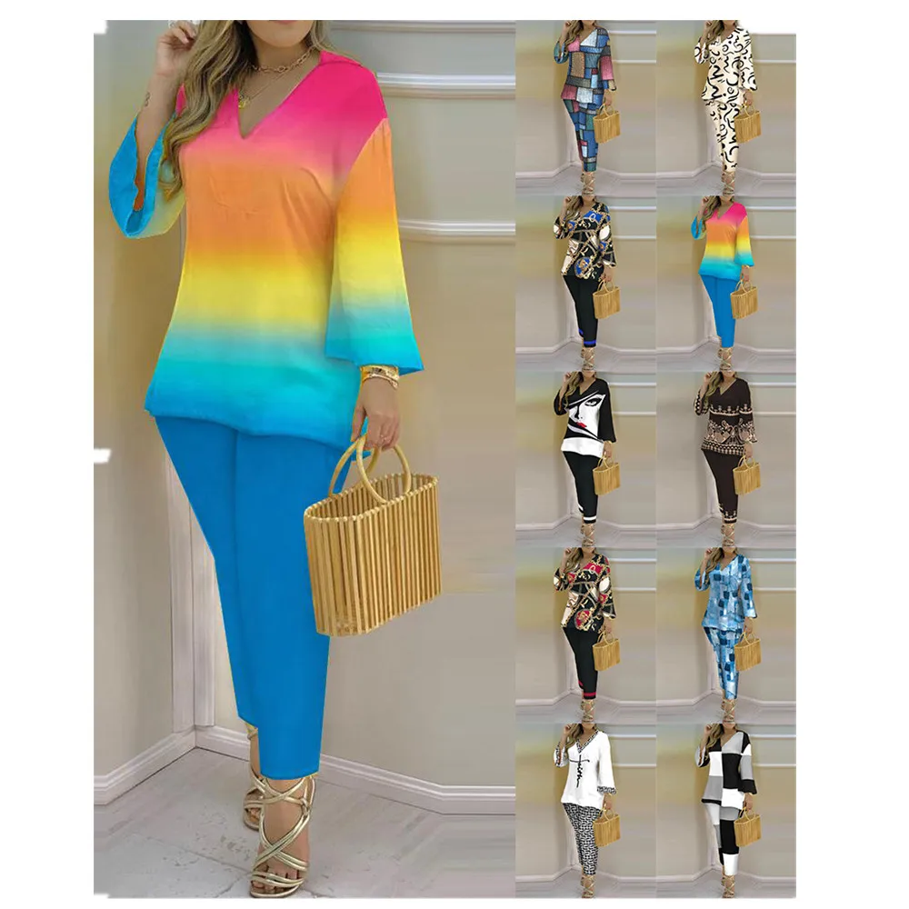 

Женская рубашка и брюки до щиколотки, повседневный комплект из двух предметов, модный пикантный Тонкий костюм с V-образным вырезом и принтом, модная уличная одежда