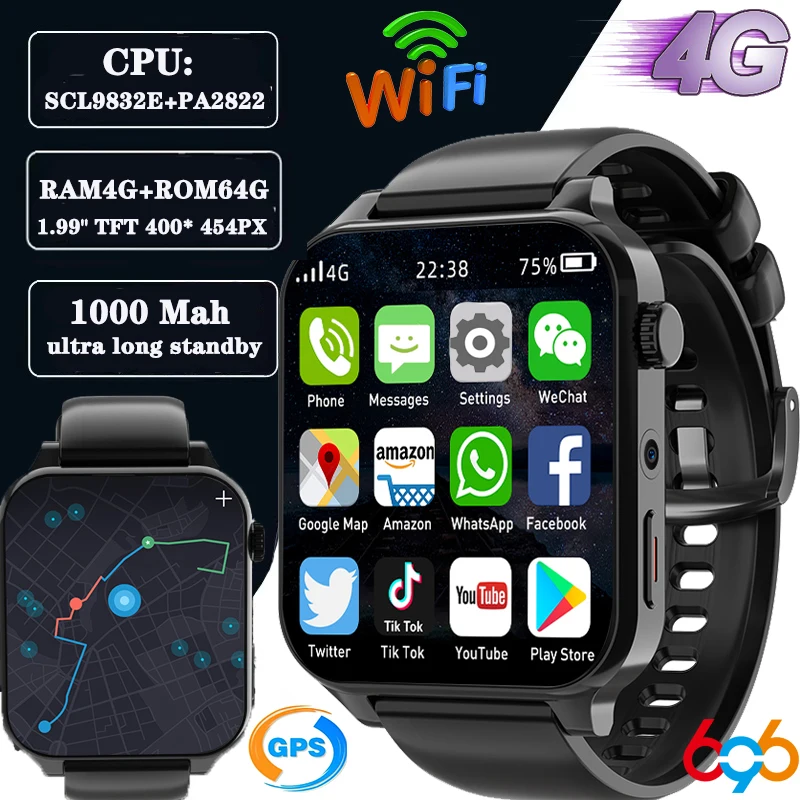 2023 RAM 4GB ROM 64GB 1.99 Inch 4G Call Smart Watch GPS Wifi SIM Dual Camera Heartrate Testing Waterproof Sports Men Smartwatch