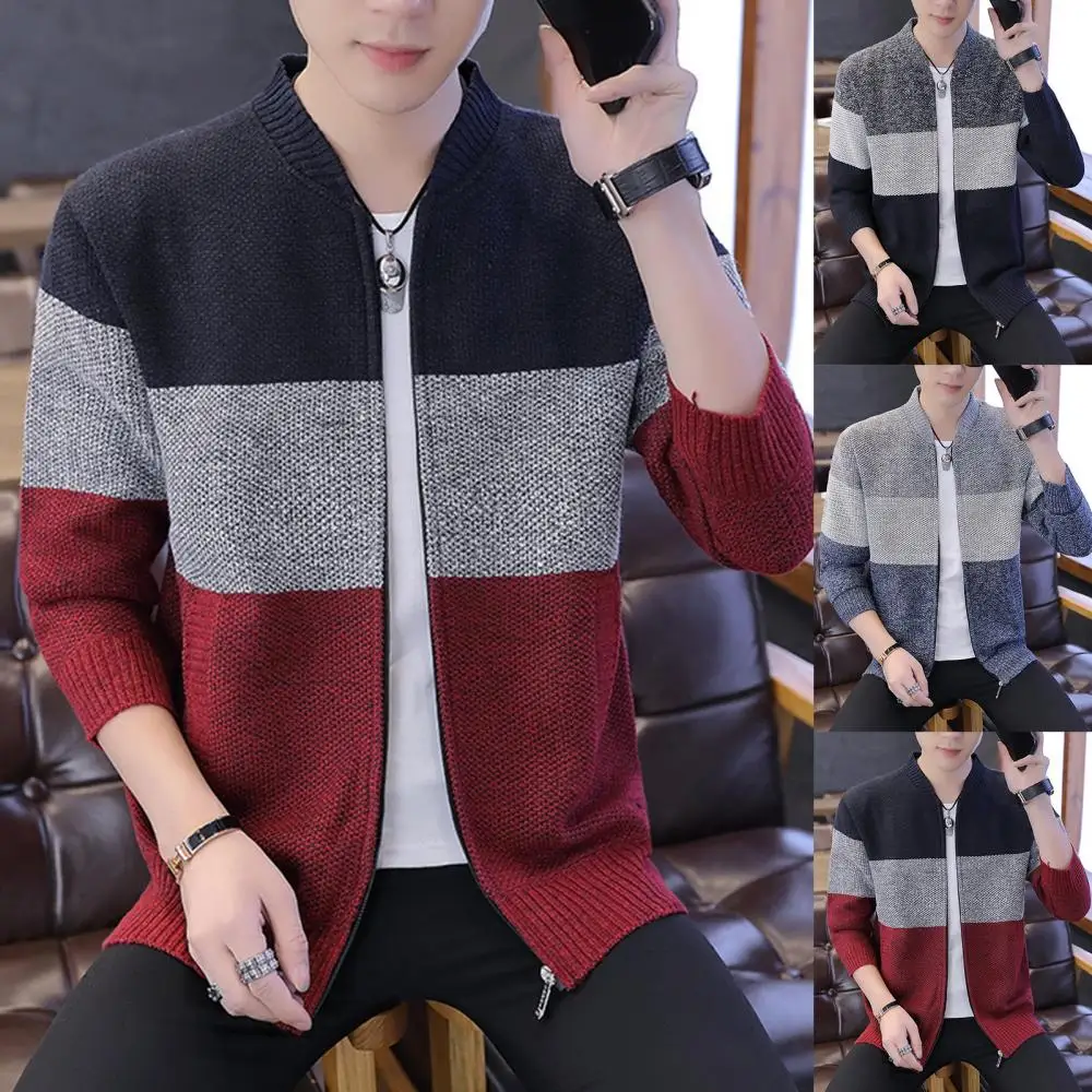 

Autumn Men Long Sleeve Knitted Sweater Thick Warm Color Block Zip Jacket Coat Plus Size Streetwear Knit Sweater
