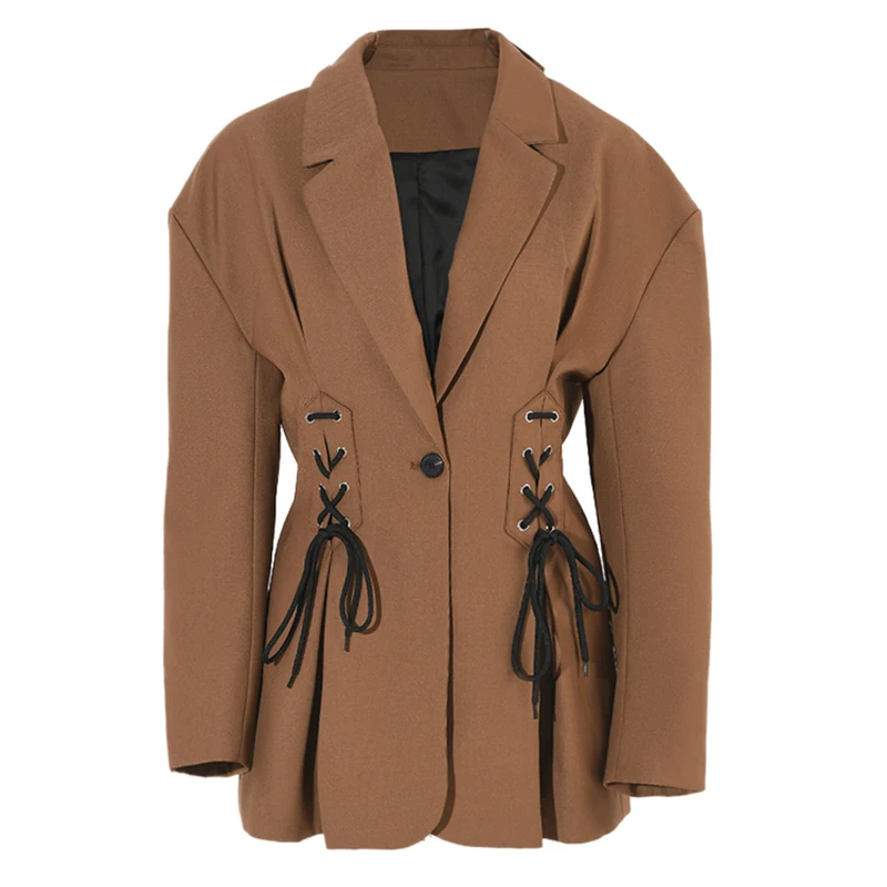 Women Brown Bandage Pleated Elegant Blazer New Lapel Long Sleeve Loose Fit Jacket Fashion Tide Spring Autumn 2022  C972