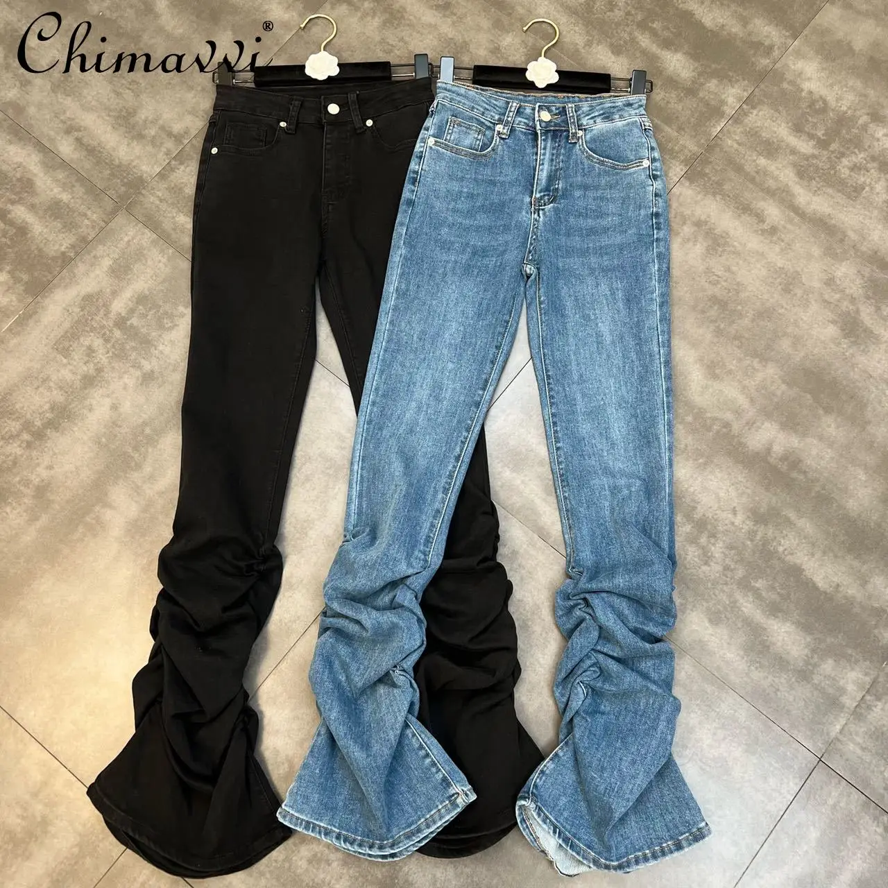 

2022 Spring Clothes New Fashion Trousers Elastic Pinch Pleated Jeans Thin Looking Cool Washed Temperament Denim Pants Women