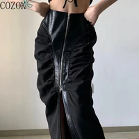cozok 2022 trendy cool personality pleated stitching pu zipper skirt womens high waist slimming midi skirt y2g skirts