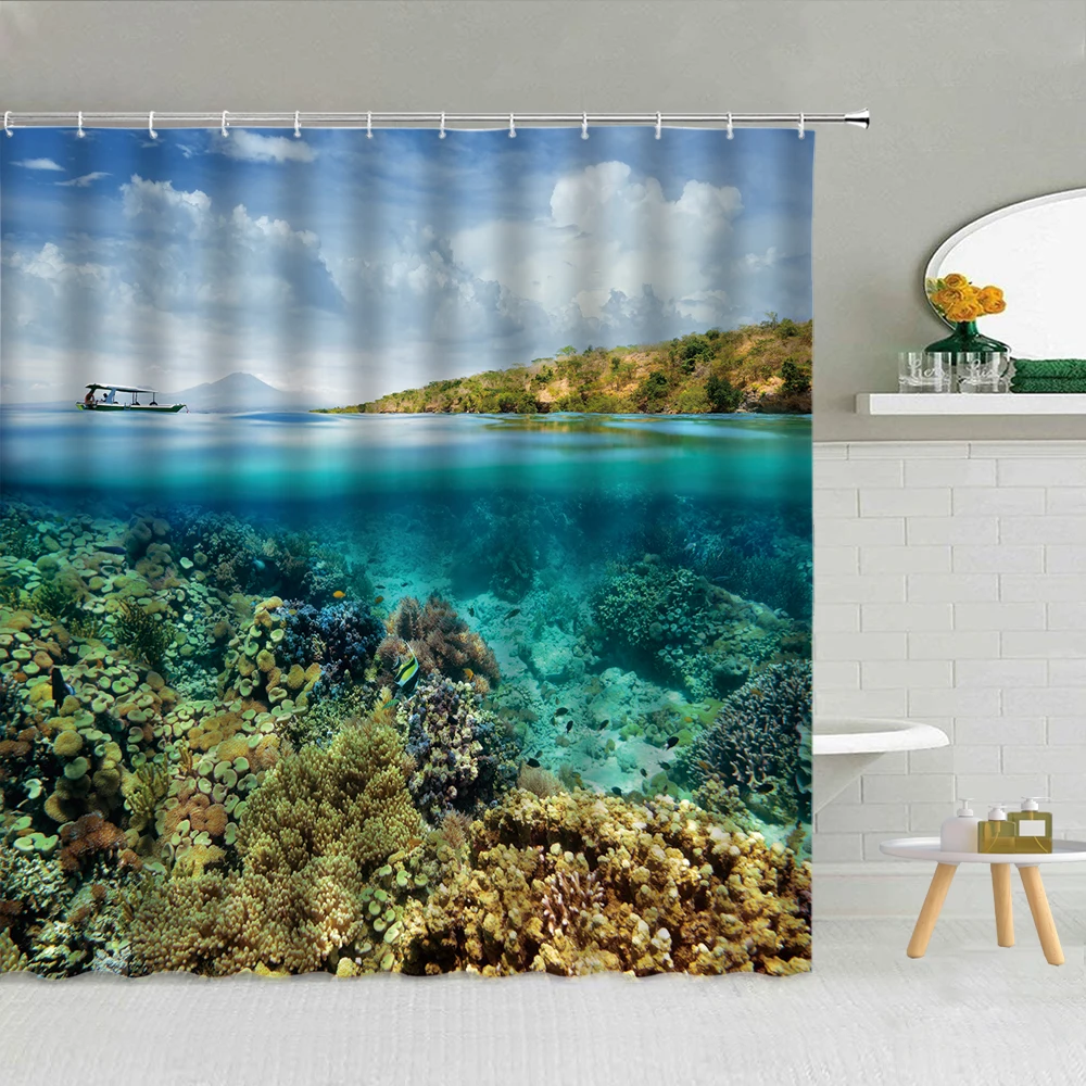 

Natural Scenery Shower Curtain Spectacular Mountain Green Plant Seaside Landscape Bathroom Decor Hooks Fabric Curtains