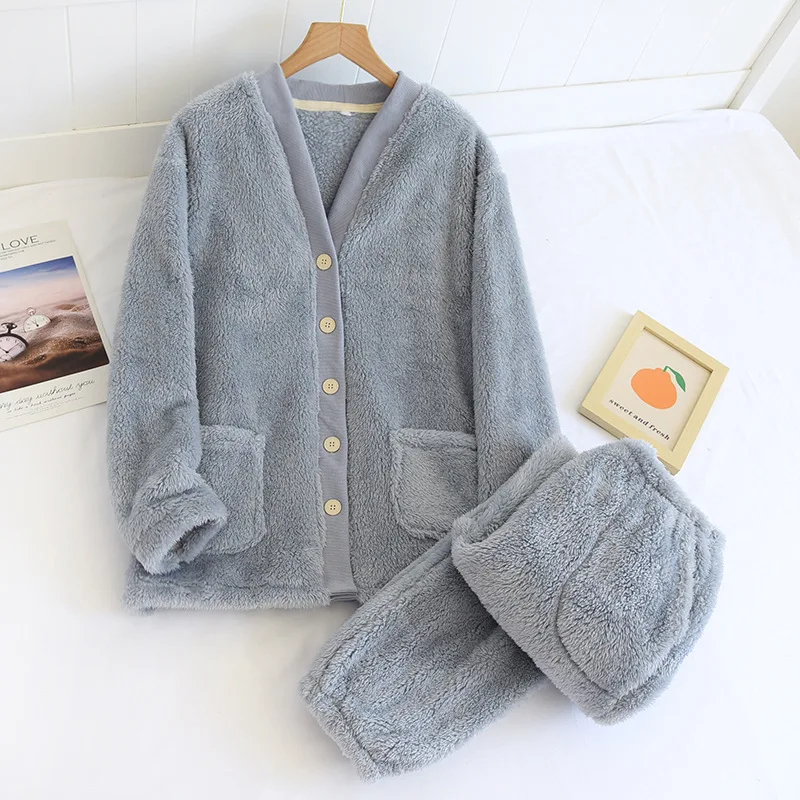 Winter New style Women's Pajamas Set Thickened Warm Flannel V-neck Casual Long Sleeve Pants Household Suit Two piece Set
