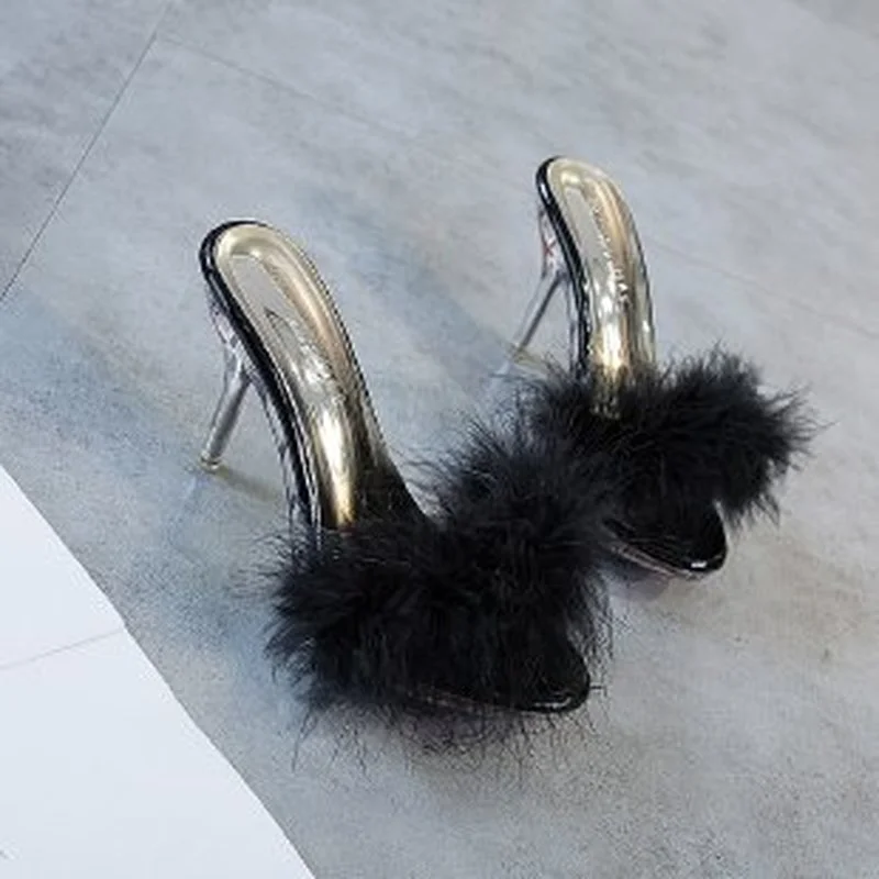 

2022 Summer New Sexy Feather Woman Slippers Transparent Perspex High Heels Stiletto Peep Toe Mules Lady Slides Shoes Rose PU