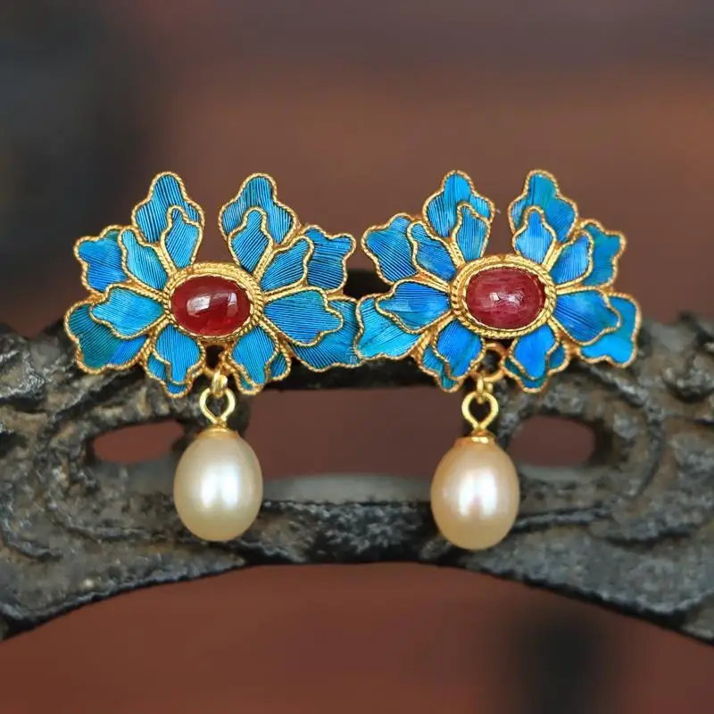 

Cloisonne Imitation Diancui Gilded Gold Flower Silk Palace Style Earrings Female Peony Earrings Classical Han Suit Jewelry