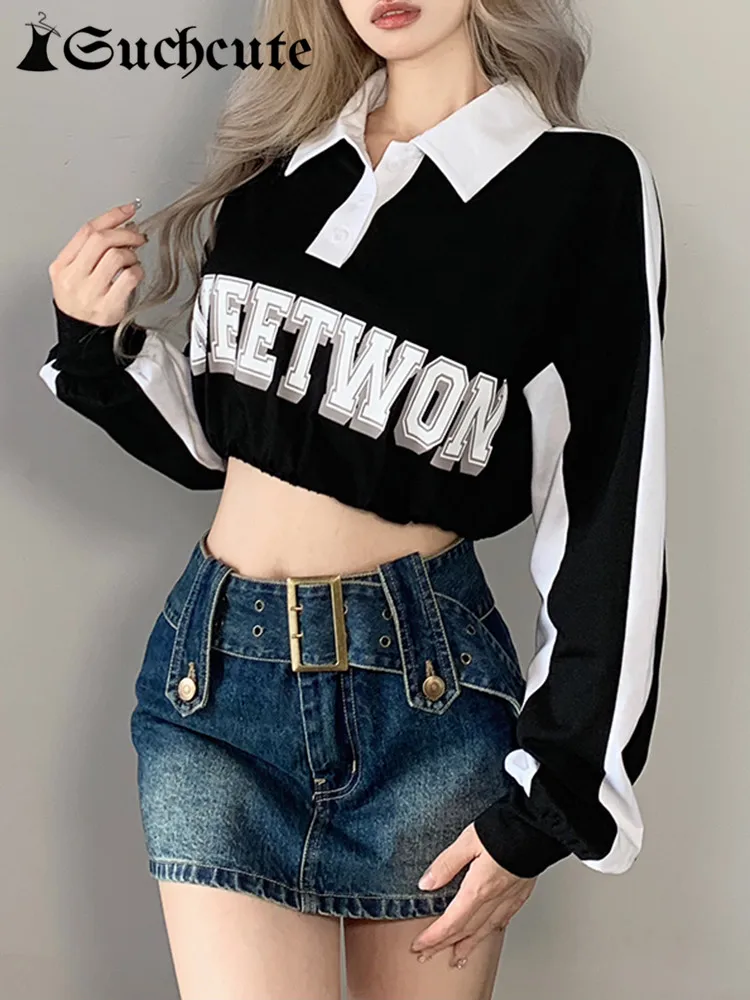 

SUCHCUTE Full Sleeve Side Stripe Patchwork Hoodies Women Gothic Letter Printing Skinny Hoodie Korean Fahion Crop Hooded Clothes